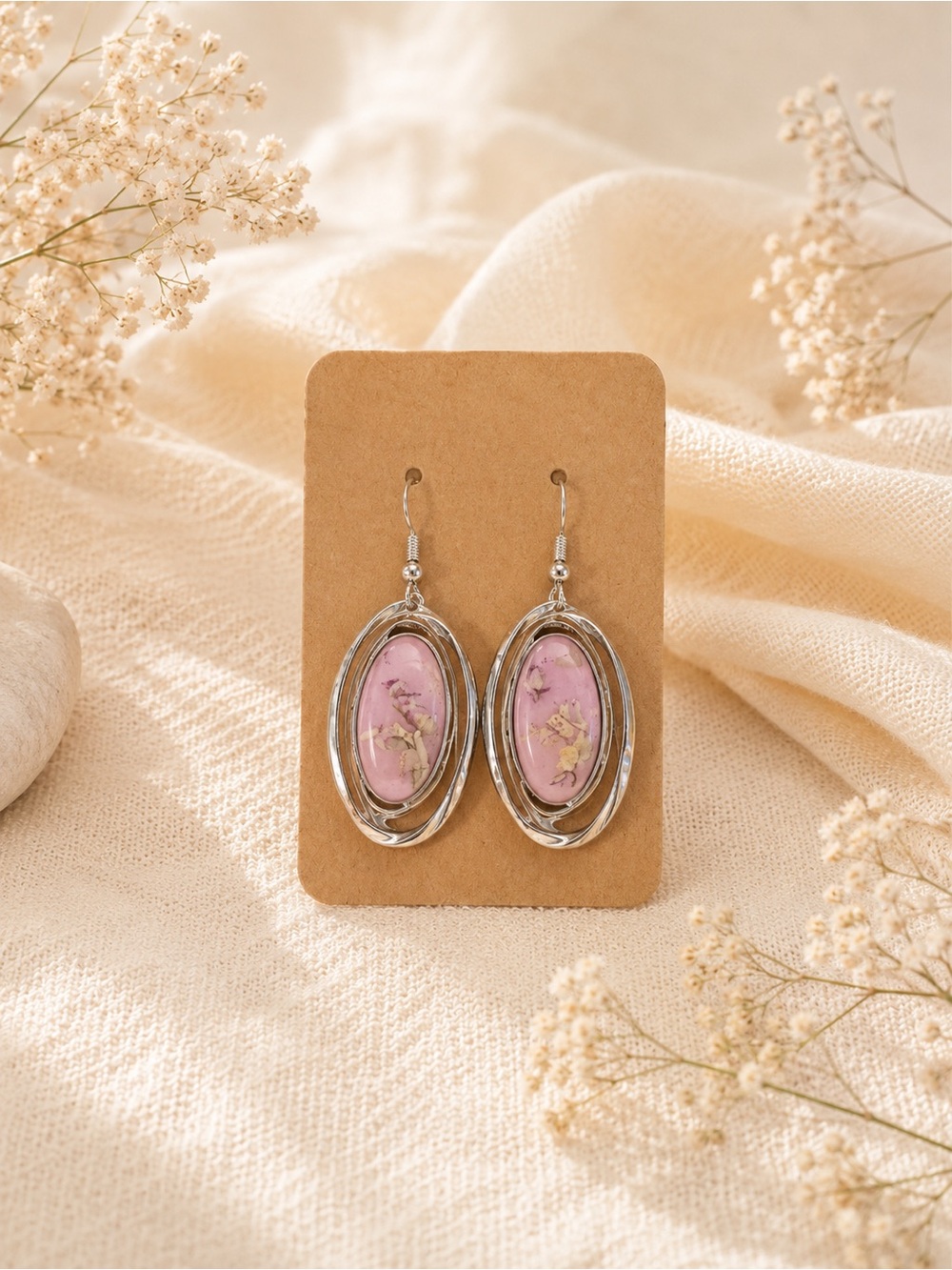 Pink iridescent Floral Oval Drop Earrings - Women Fashion Jewelry NWOT